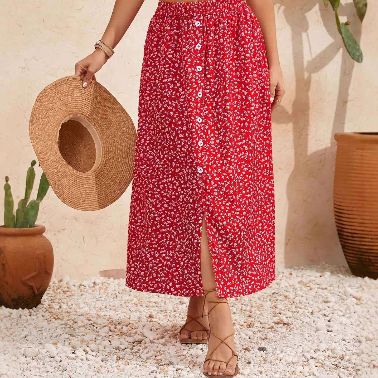 European And American Printed Breasted Self-tie Summer Pastoral A- Line Skirt Advanced Skirt