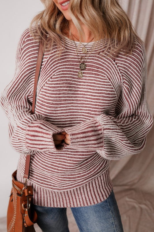 Stripe Ribbed Knit Boat Neck Sweater